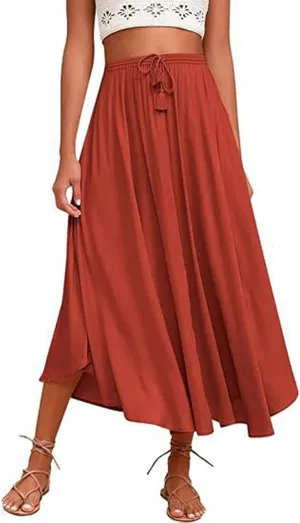 Boho Maxi Skirts for Women Summer Flowy Drawstring High Waist Skirt Casual Lightweight Ruffle Hem A Line Long Skirts