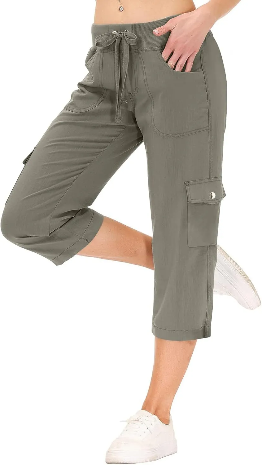 Cargo Capris for Women Casual Drawstring Capris Pants with Pockets Summer Plus Size Capri Hiking Pants Cargo Pant