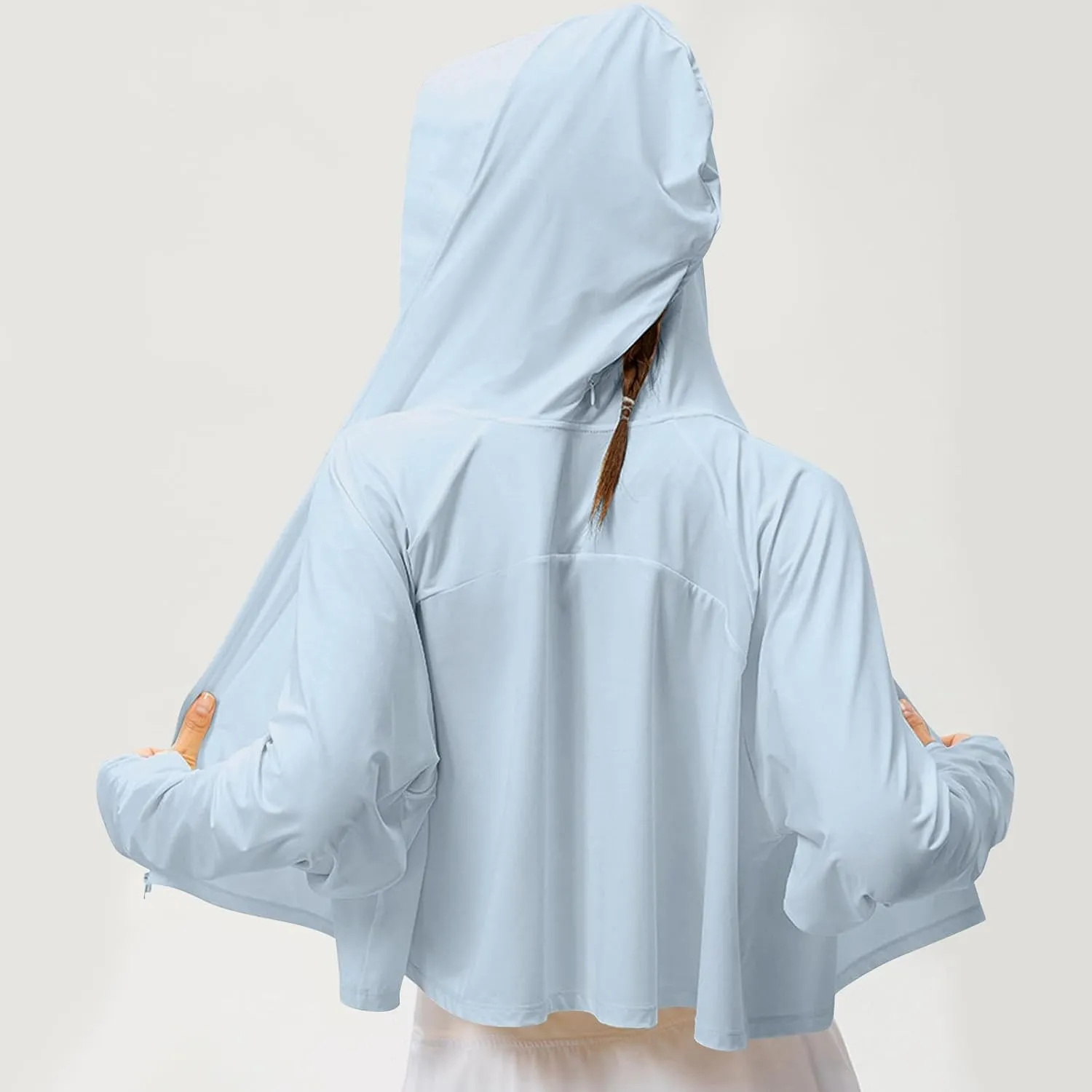 Crop Sun Protection Jacket for Women Long Sleeve Zipper Quick Dry Outdoor Hiking Hooded Jackets with Pocket