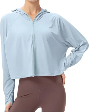 Crop Sun Protection Jacket for Women Long Sleeve Zipper Quick Dry Outdoor Hiking Hooded Jackets with Pocket
