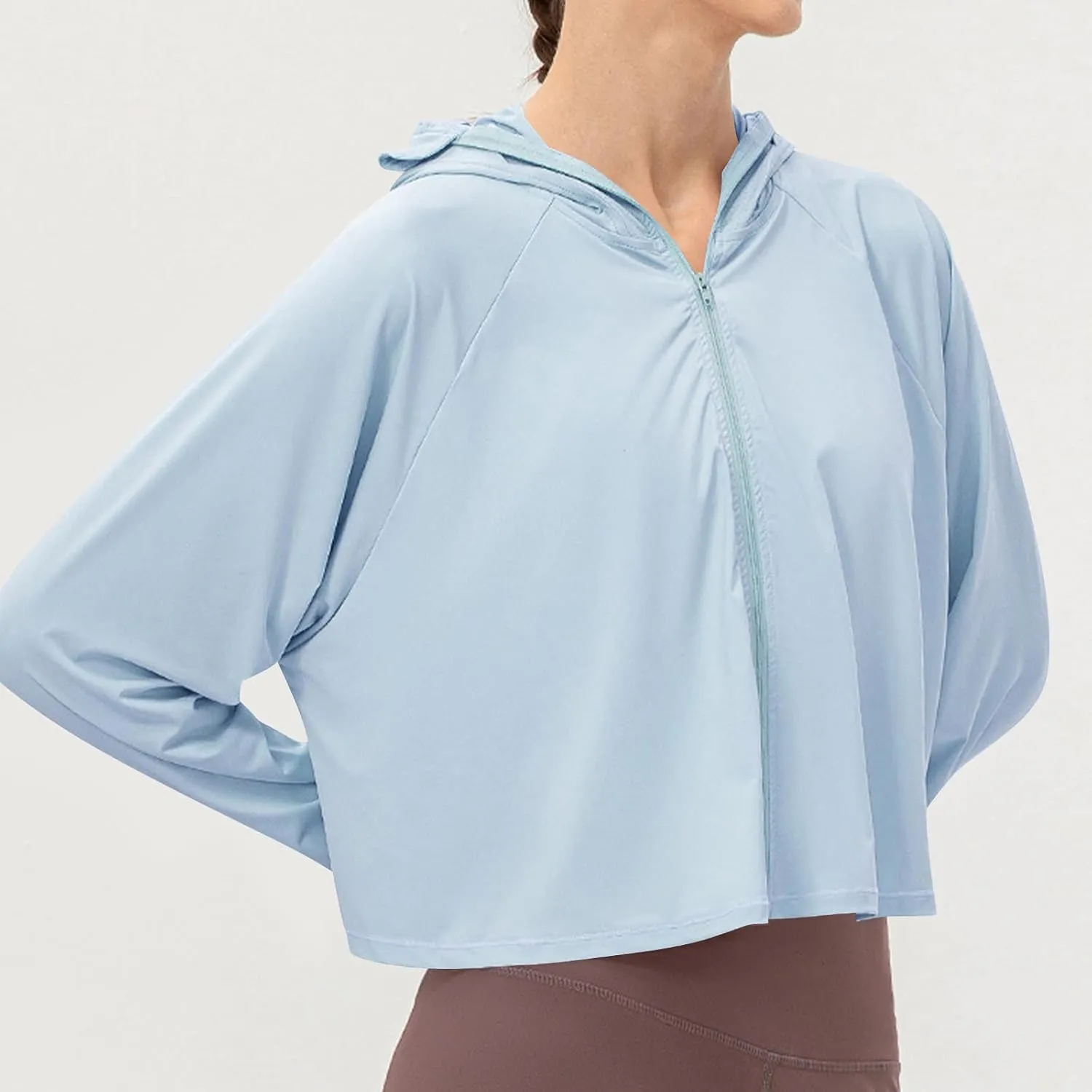 Crop Sun Protection Jacket for Women Long Sleeve Zipper Quick Dry Outdoor Hiking Hooded Jackets with Pocket