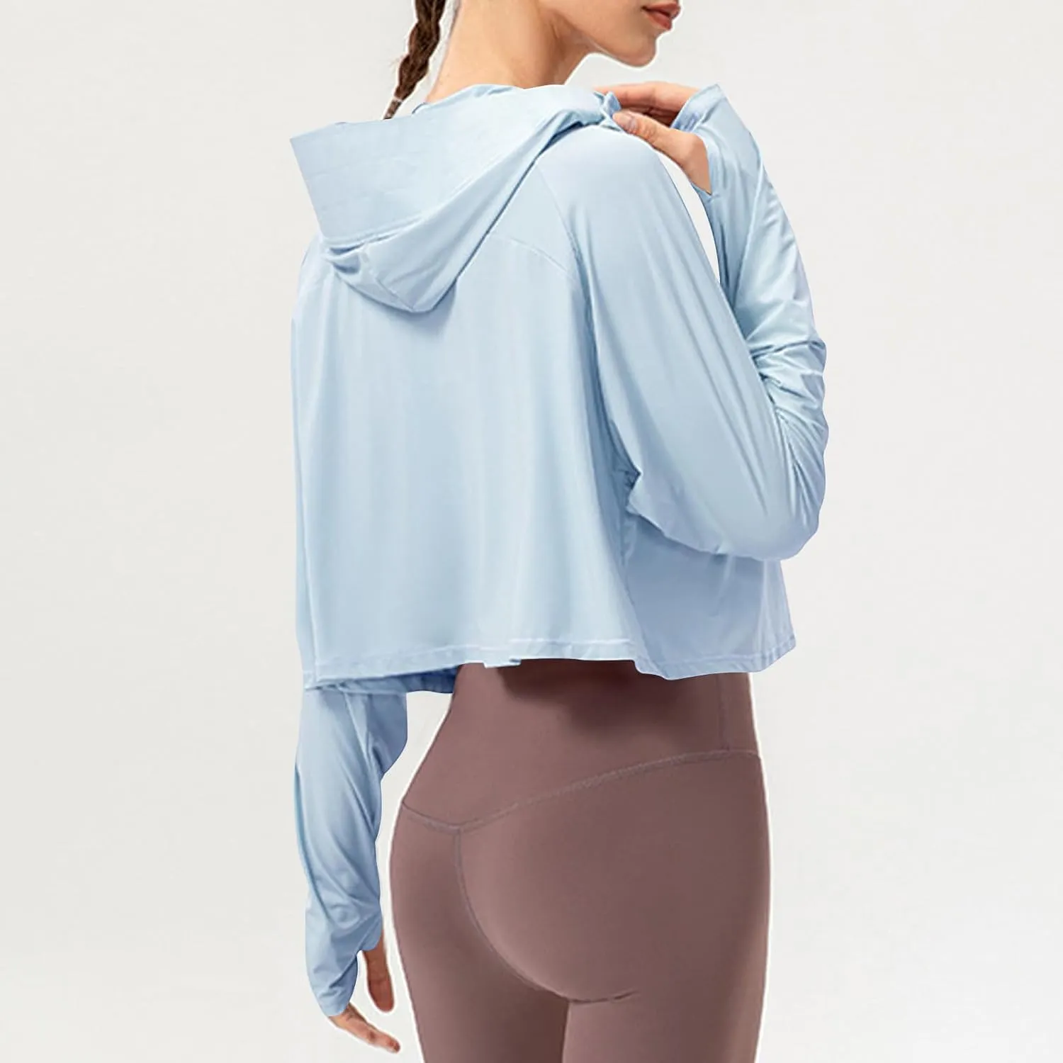 Crop Sun Protection Jacket for Women Long Sleeve Zipper Quick Dry Outdoor Hiking Hooded Jackets with Pocket