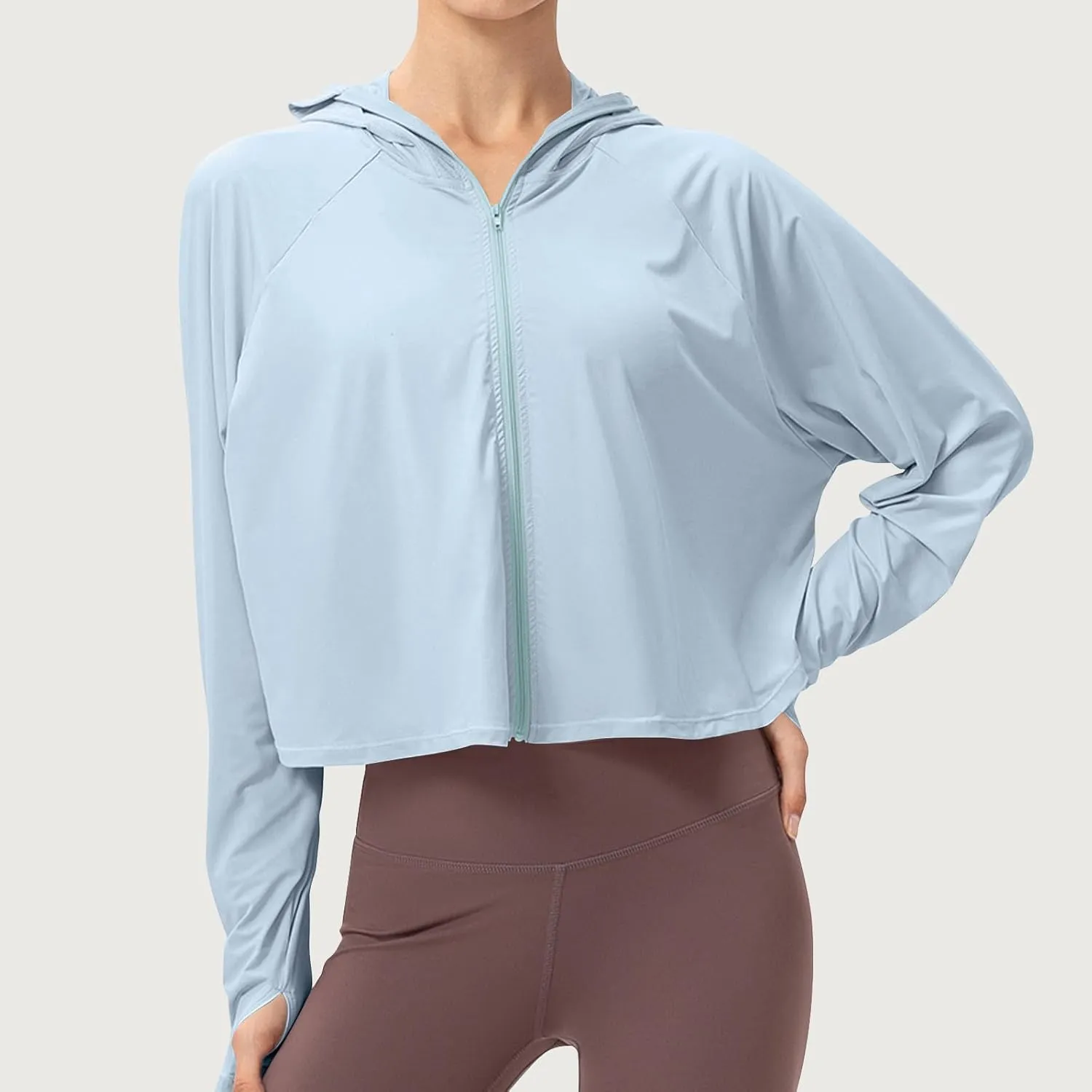 Crop Sun Protection Jacket for Women Long Sleeve Zipper Quick Dry Outdoor Hiking Hooded Jackets with Pocket