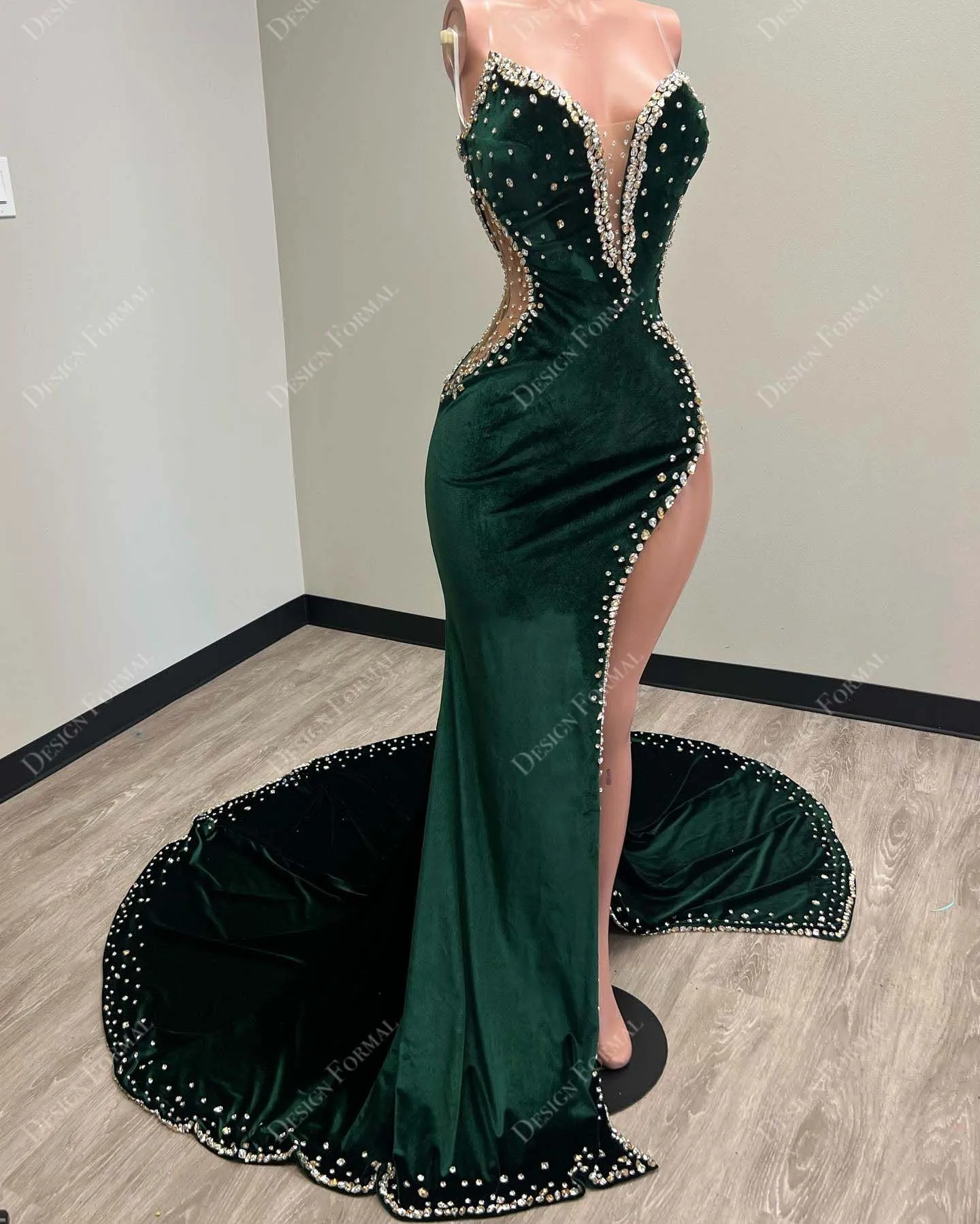 Crystals Dark Green Velvet Strapless Slit Custom Mermaid Dress