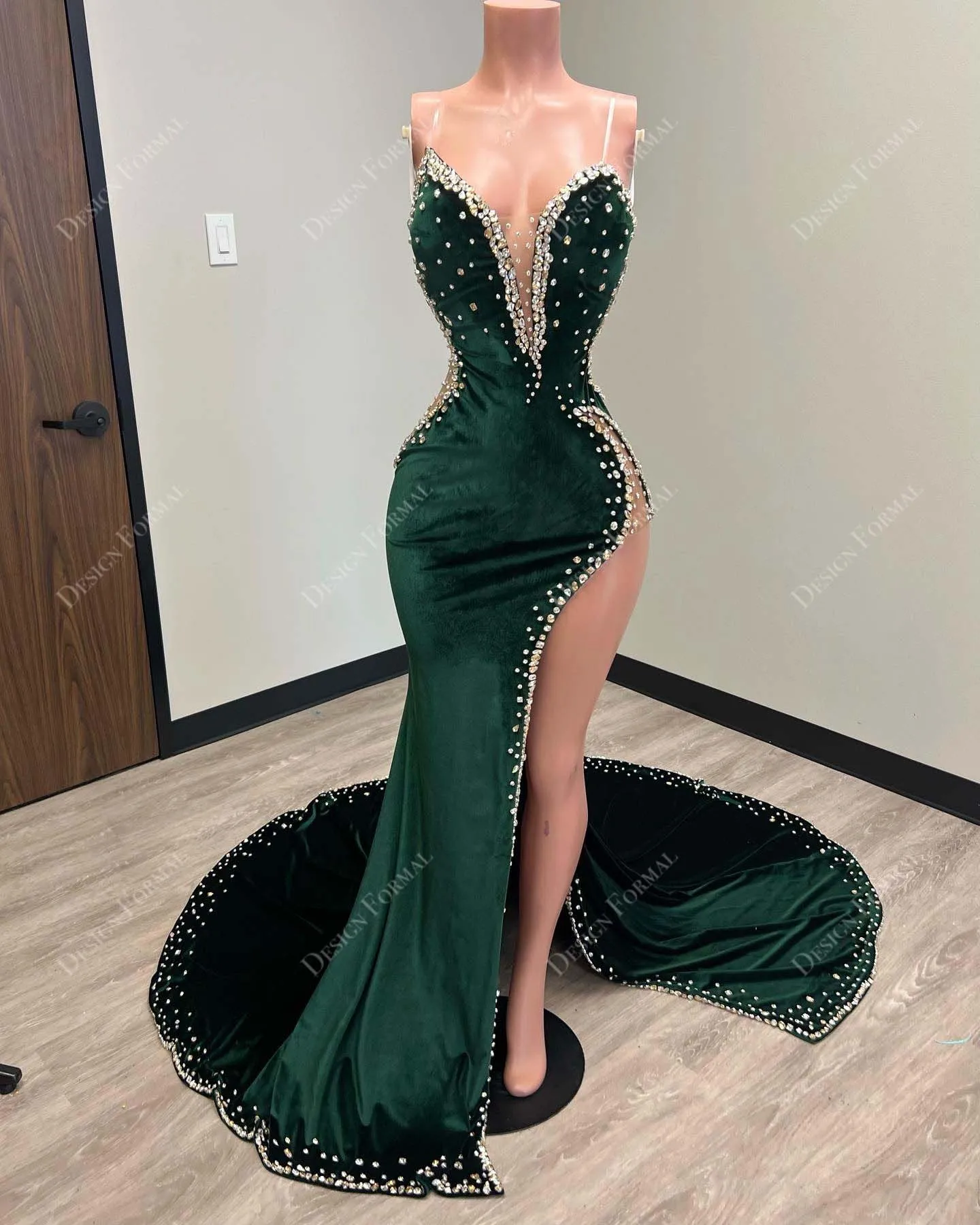 Crystals Dark Green Velvet Strapless Slit Custom Mermaid Dress