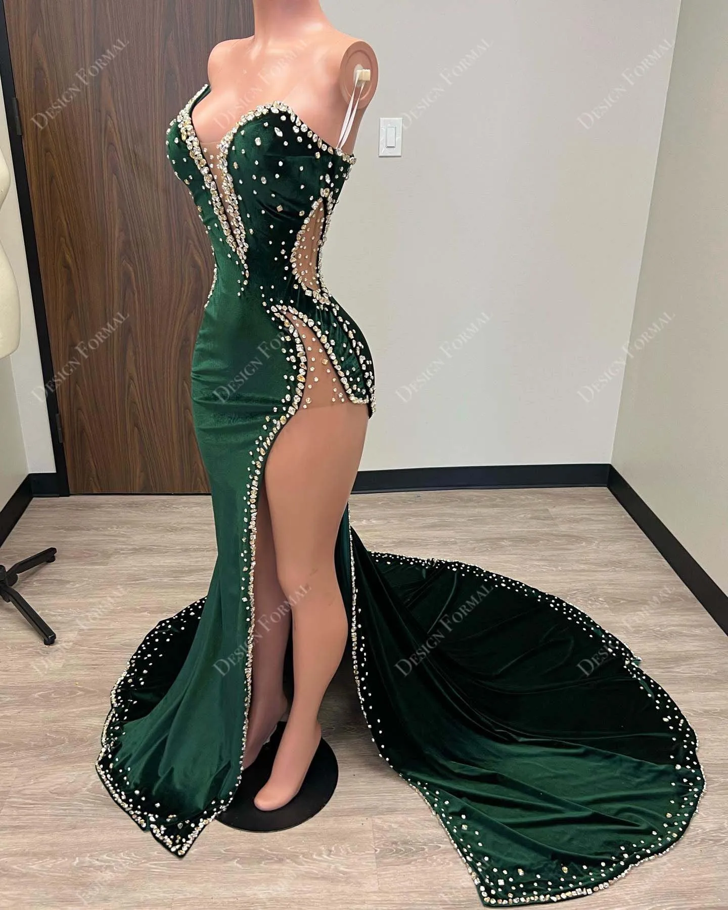 Crystals Dark Green Velvet Strapless Slit Custom Mermaid Dress