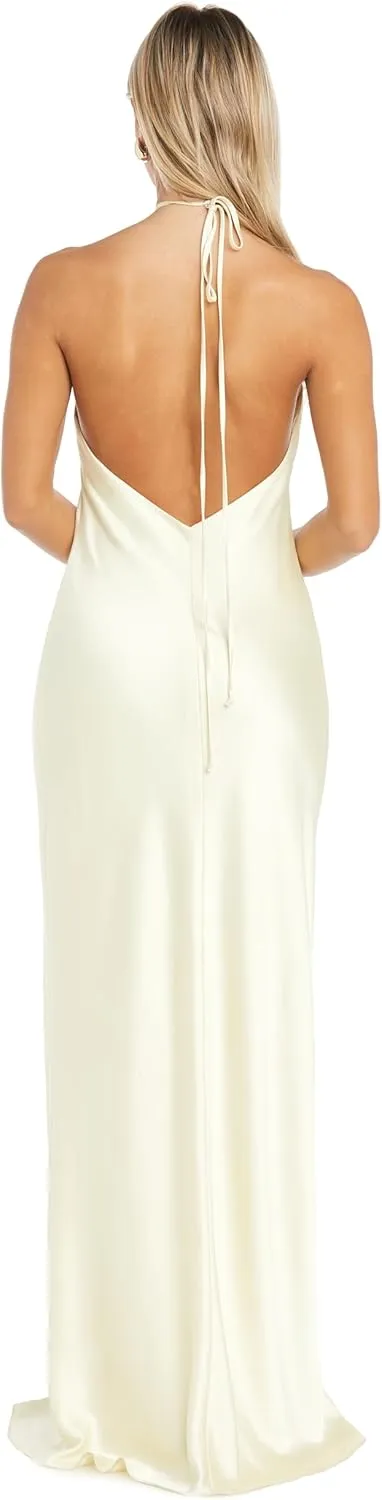 Elegant Juniors' Silky Satin High Neck Gown W/Back Tie & Flowing Skirt