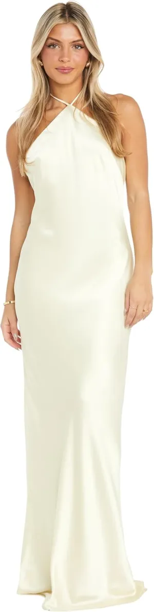 Elegant Juniors' Silky Satin High Neck Gown W/Back Tie & Flowing Skirt
