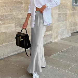 Fashionkova fall winery outfits Gray Silk-like Satin High Waist Skirt Women's Elegant Slimming Drape French Fishtail Skirt Long Skirt