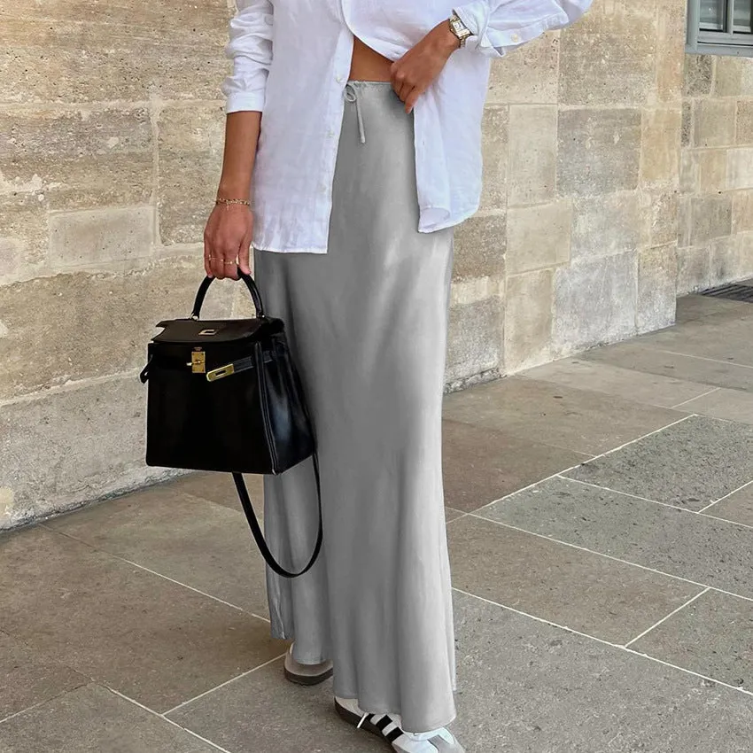 Fashionkova fall winery outfits Gray Silk-like Satin High Waist Skirt Women's Elegant Slimming Drape French Fishtail Skirt Long Skirt