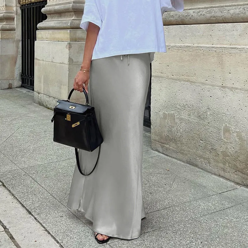 Fashionkova fall winery outfits Gray Silk-like Satin High Waist Skirt Women's Elegant Slimming Drape French Fishtail Skirt Long Skirt