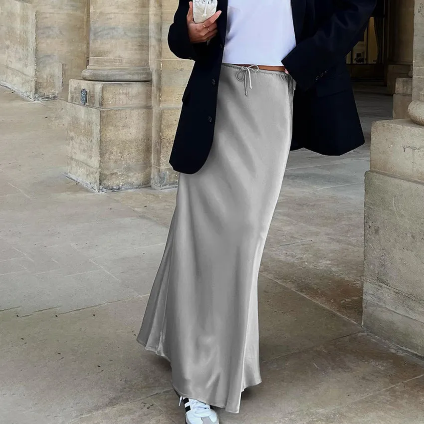 Fashionkova fall winery outfits Gray Silk-like Satin High Waist Skirt Women's Elegant Slimming Drape French Fishtail Skirt Long Skirt