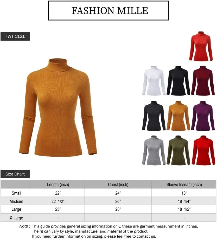 FashionMille Women's Ribbed Tultleneck Long Sleeve Pullover Top