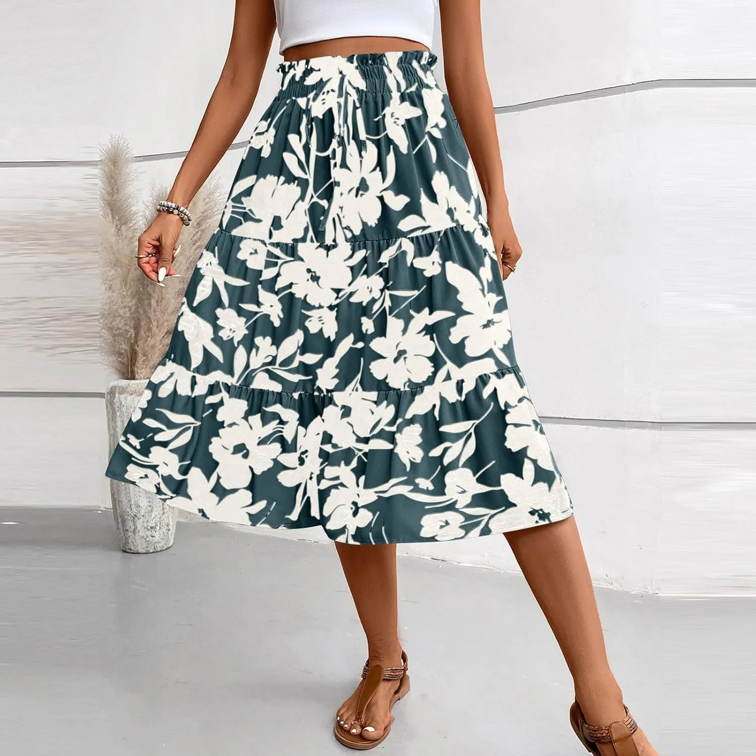 GOFULY Maxi Skirts for Women Flowy Summer Floral Print A-Line Long Skirt Drawstring Elastic High Waist Pleated Tiered Skirts