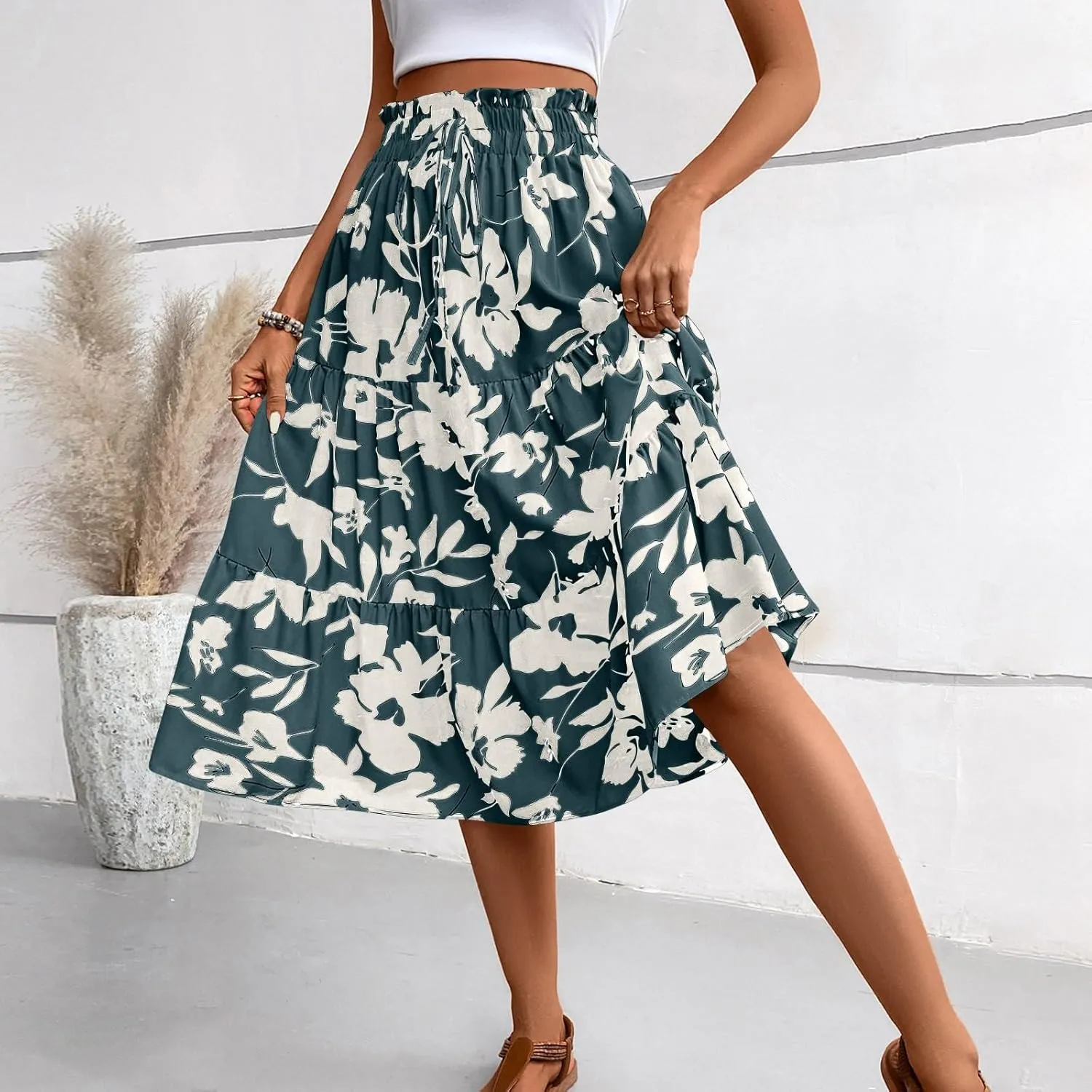 GOFULY Maxi Skirts for Women Flowy Summer Floral Print A-Line Long Skirt Drawstring Elastic High Waist Pleated Tiered Skirts