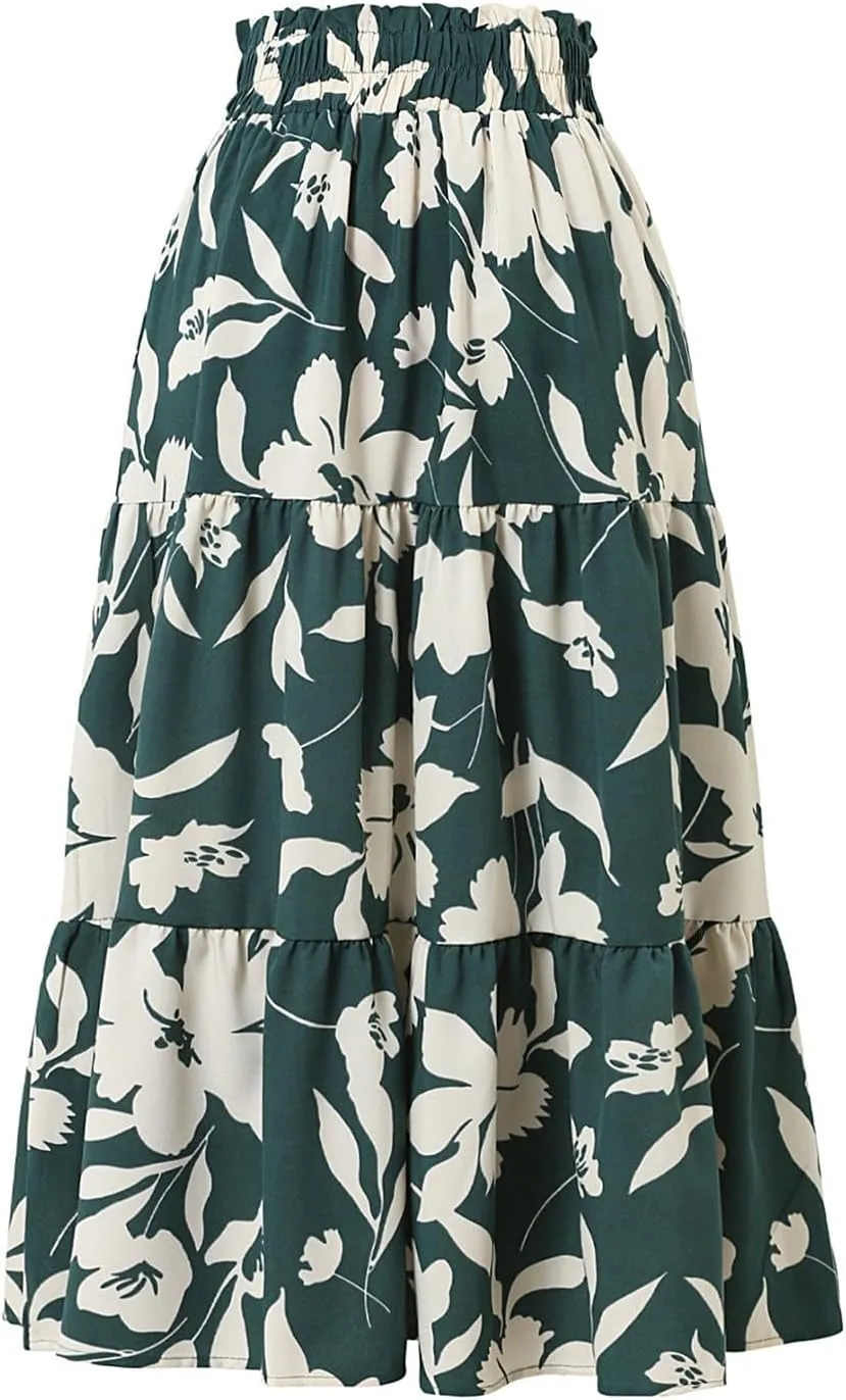 GOFULY Maxi Skirts for Women Flowy Summer Floral Print A-Line Long Skirt Drawstring Elastic High Waist Pleated Tiered Skirts