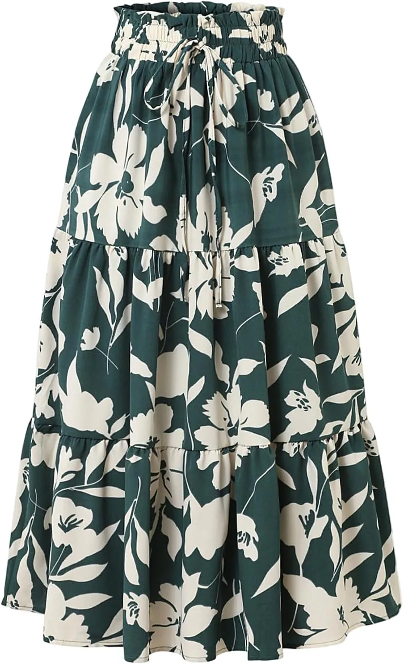 GOFULY Maxi Skirts for Women Flowy Summer Floral Print A-Line Long Skirt Drawstring Elastic High Waist Pleated Tiered Skirts