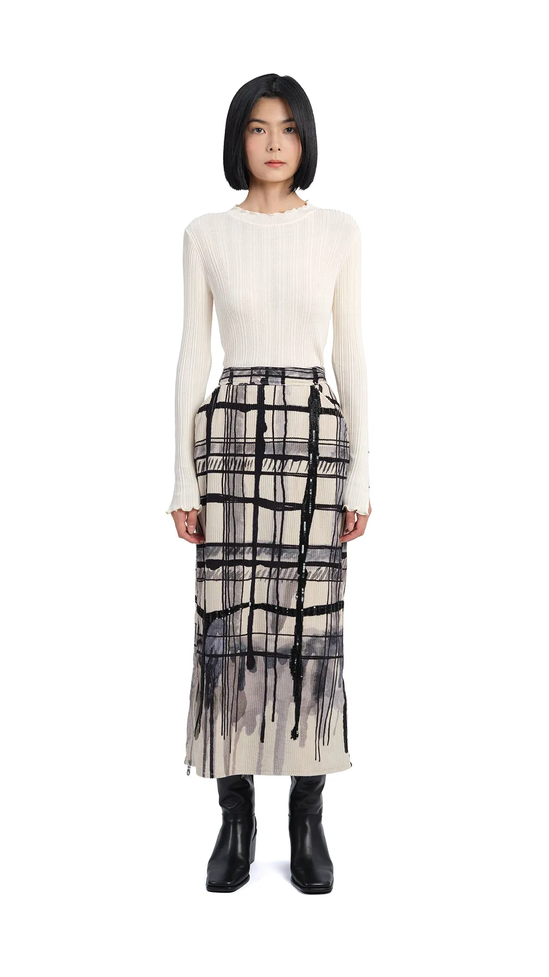 Handcrafted Checker Printed Corduroy Fishtail Skirt