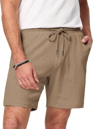 JMIERR Mens Casual 7" Shorts Cotton Elastic Waist Drawstring Summer Texture Stretch Beach Shorts with Pockets