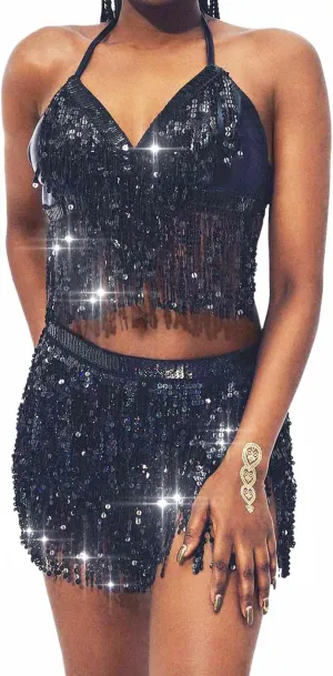 Kakaco Belly Dance Skirt with Crop Top Sequins Fringe Skirts Set Rave Dance Bra Top Party Costume Outfits for Women and Girls