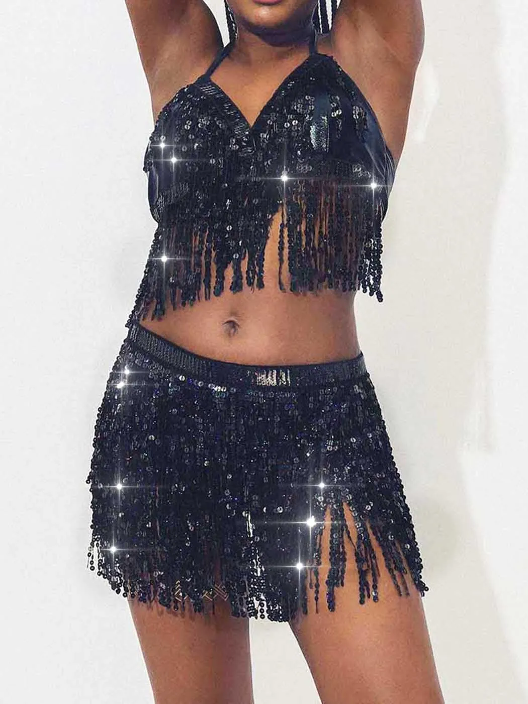 Kakaco Belly Dance Skirt with Crop Top Sequins Fringe Skirts Set Rave Dance Bra Top Party Costume Outfits for Women and Girls