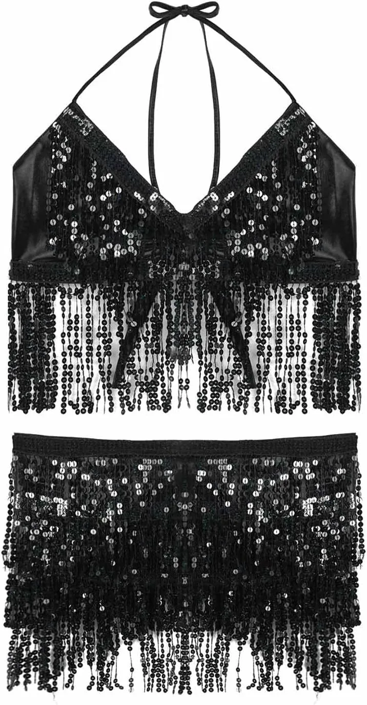 Kakaco Belly Dance Skirt with Crop Top Sequins Fringe Skirts Set Rave Dance Bra Top Party Costume Outfits for Women and Girls