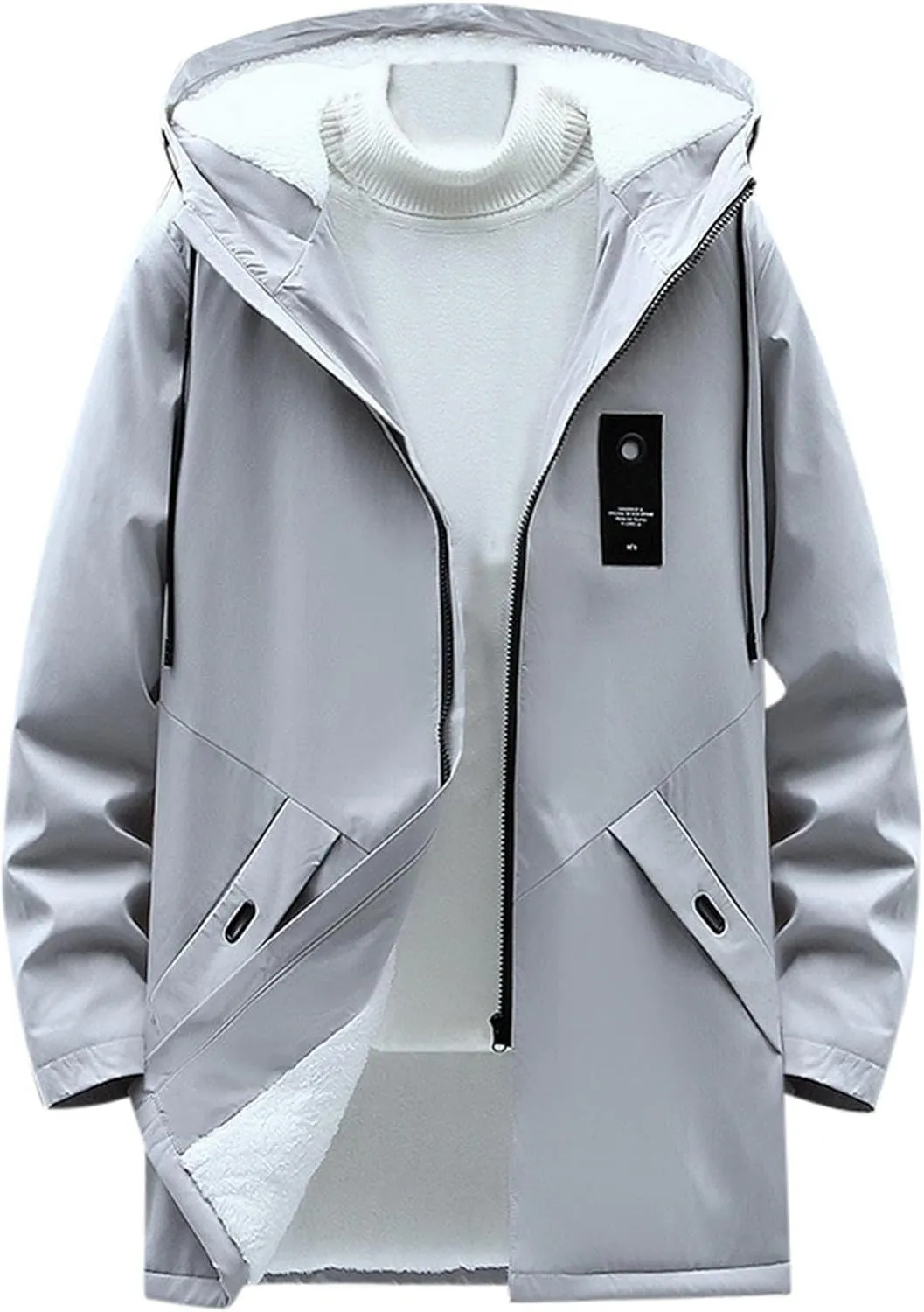 Mens 2024 Winter Hooded Trench Coats Stylish Long Zip Windbreaker Jacket Plus Size Windproof Outdoor Hiking Travel Overcoats