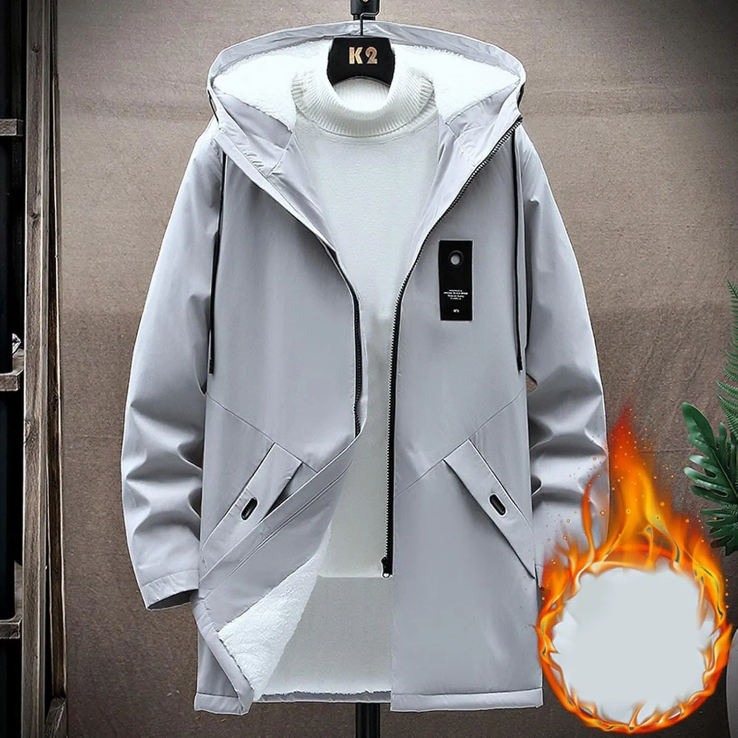 Mens 2024 Winter Hooded Trench Coats Stylish Long Zip Windbreaker Jacket Plus Size Windproof Outdoor Hiking Travel Overcoats