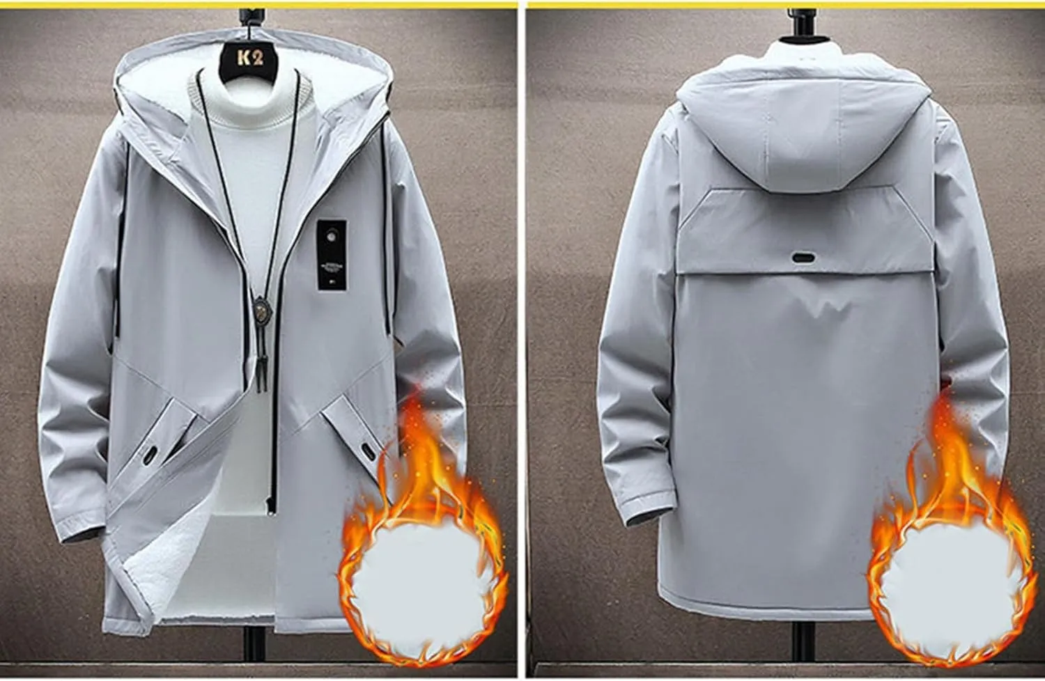 Mens 2024 Winter Hooded Trench Coats Stylish Long Zip Windbreaker Jacket Plus Size Windproof Outdoor Hiking Travel Overcoats