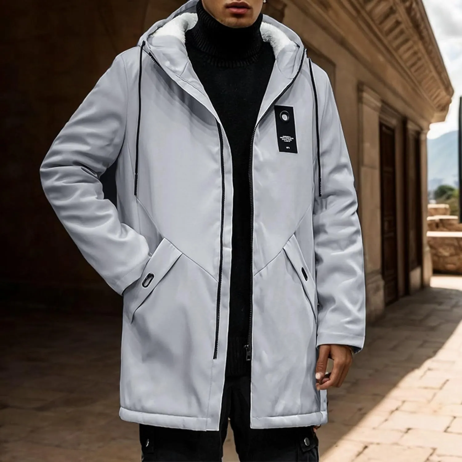 Mens 2024 Winter Hooded Trench Coats Stylish Long Zip Windbreaker Jacket Plus Size Windproof Outdoor Hiking Travel Overcoats