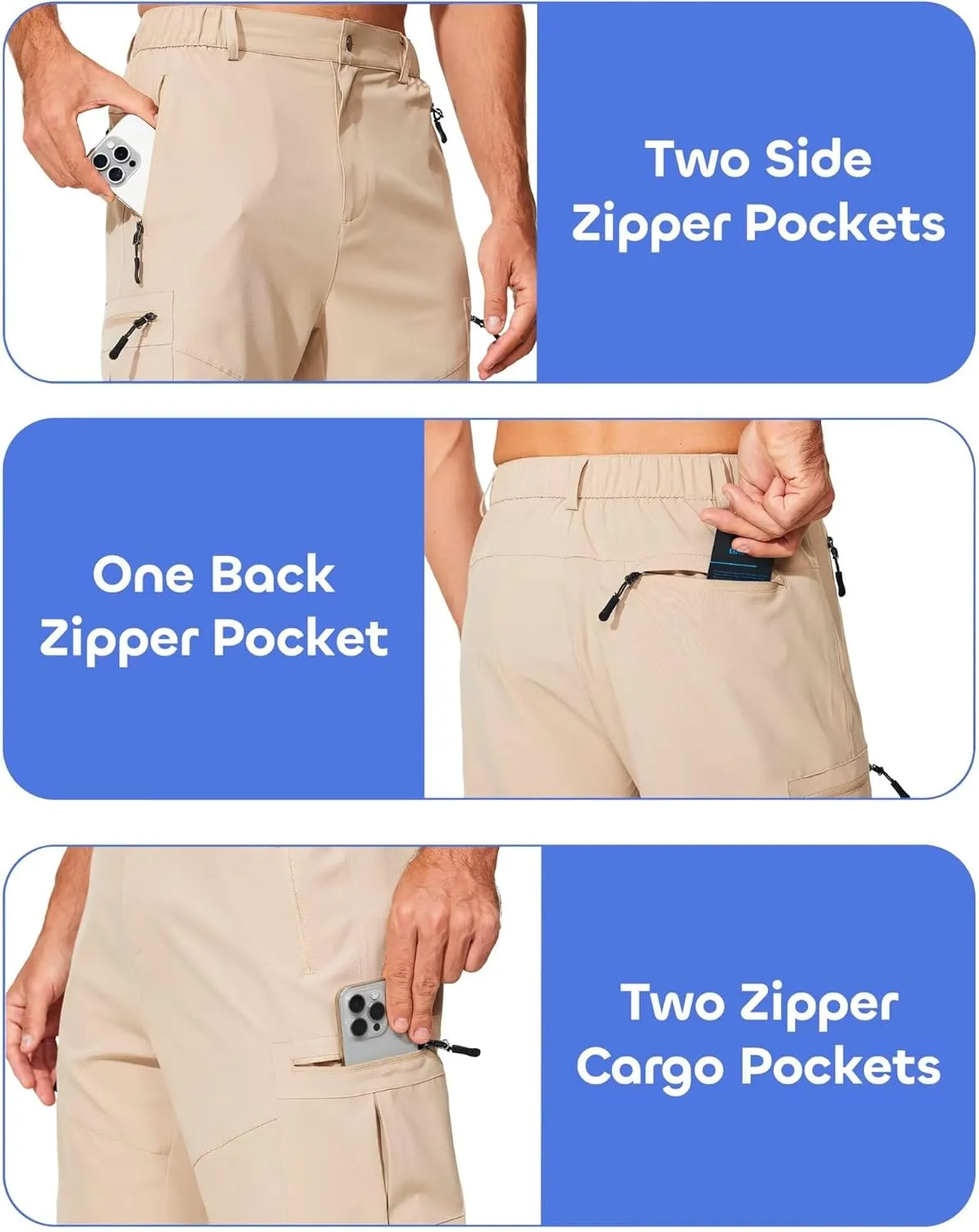 Mens Lightweight Hiking Cargo Shorts for Summer Athletic Casual Sports Outdoor Zipper Pockets Elastic Waist Quick Dry