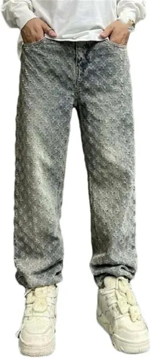 Men's Straight Jacquard Loose Wide Leg Jeans Casual