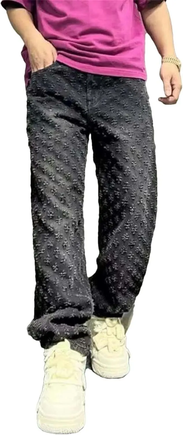 Men's Straight Jacquard Loose Wide Leg Jeans Casual