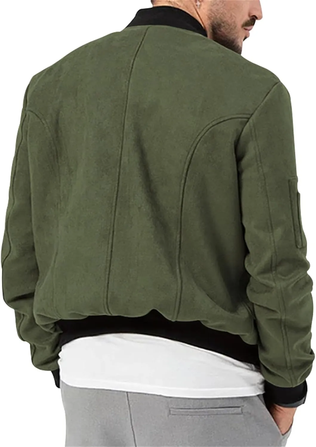 Mens Suede Bomber Jacket Lightweight Classic Fit Snap Button Down Varsity Coat Casual Spring Fall Windbreaker