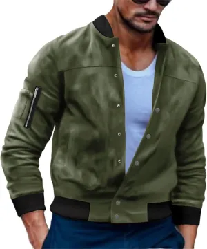 Mens Suede Bomber Jacket Lightweight Classic Fit Snap Button Down Varsity Coat Casual Spring Fall Windbreaker