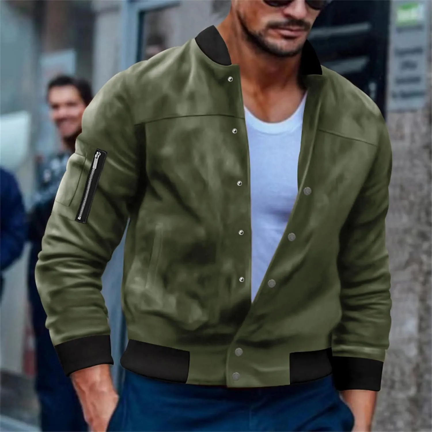 Mens Suede Bomber Jacket Lightweight Classic Fit Snap Button Down Varsity Coat Casual Spring Fall Windbreaker
