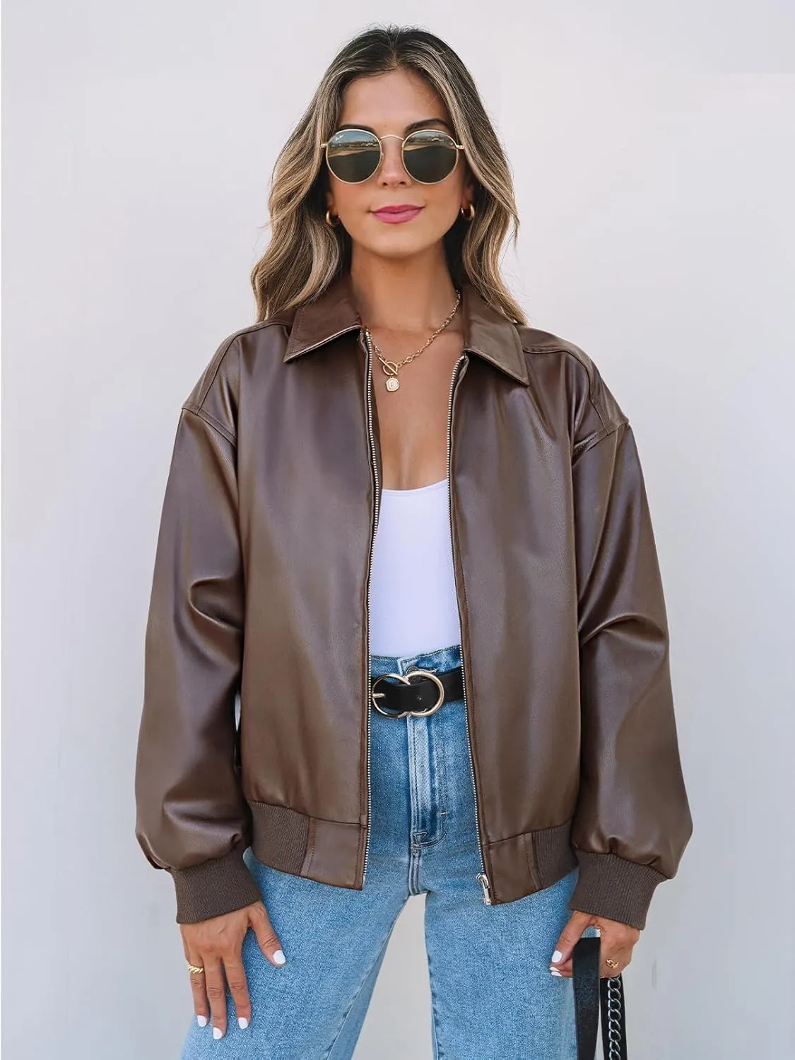 MEROKEETY Women's Oversized Faux Leather Jacket Fall Winter Zip Up Motorcycle Coats Fashion Outfits Clothes 2025
