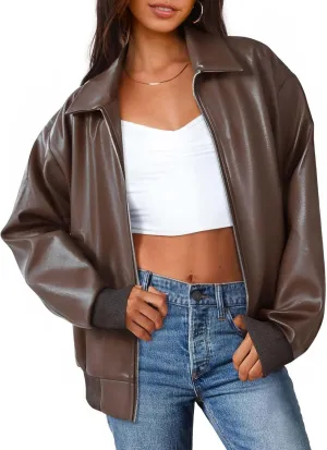 MEROKEETY Women's Oversized Faux Leather Jacket Fall Winter Zip Up Motorcycle Coats Fashion Outfits Clothes 2025