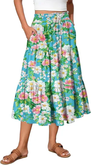 Midi Summer Skirts for Women Drawstring High Waist Knee Length Skirts A Line Floral Print Work Skirt with Pockets