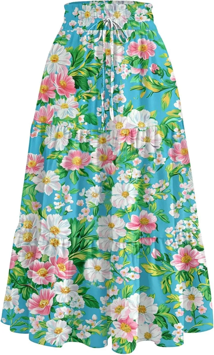 Midi Summer Skirts for Women Drawstring High Waist Knee Length Skirts A Line Floral Print Work Skirt with Pockets