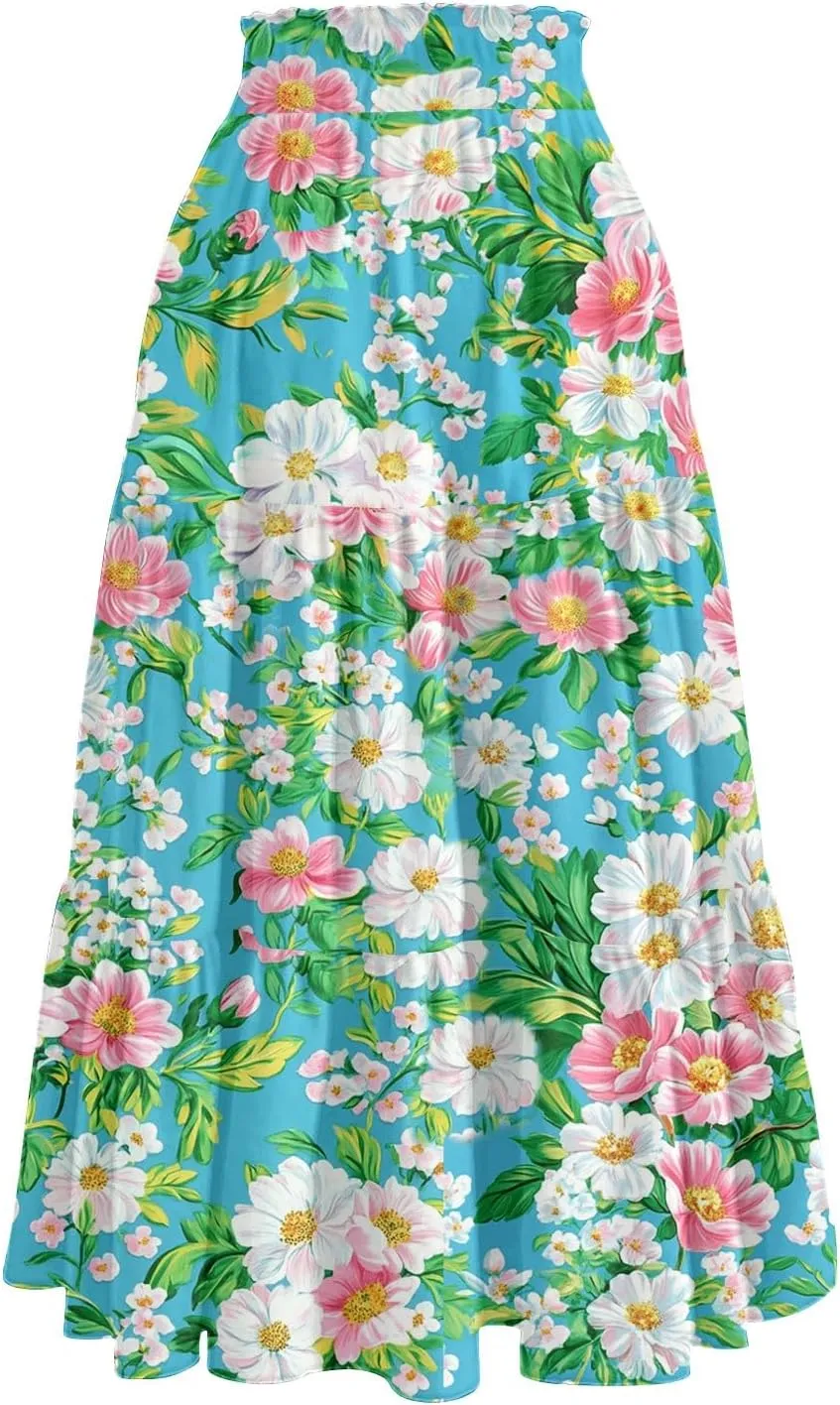 Midi Summer Skirts for Women Drawstring High Waist Knee Length Skirts A Line Floral Print Work Skirt with Pockets