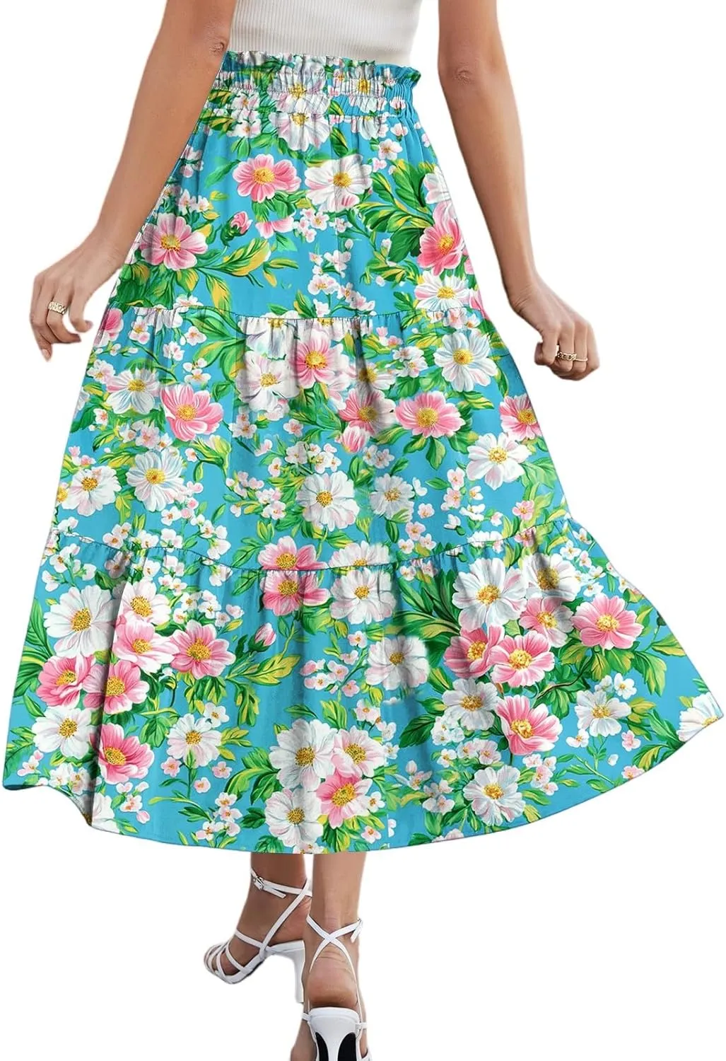 Midi Summer Skirts for Women Drawstring High Waist Knee Length Skirts A Line Floral Print Work Skirt with Pockets