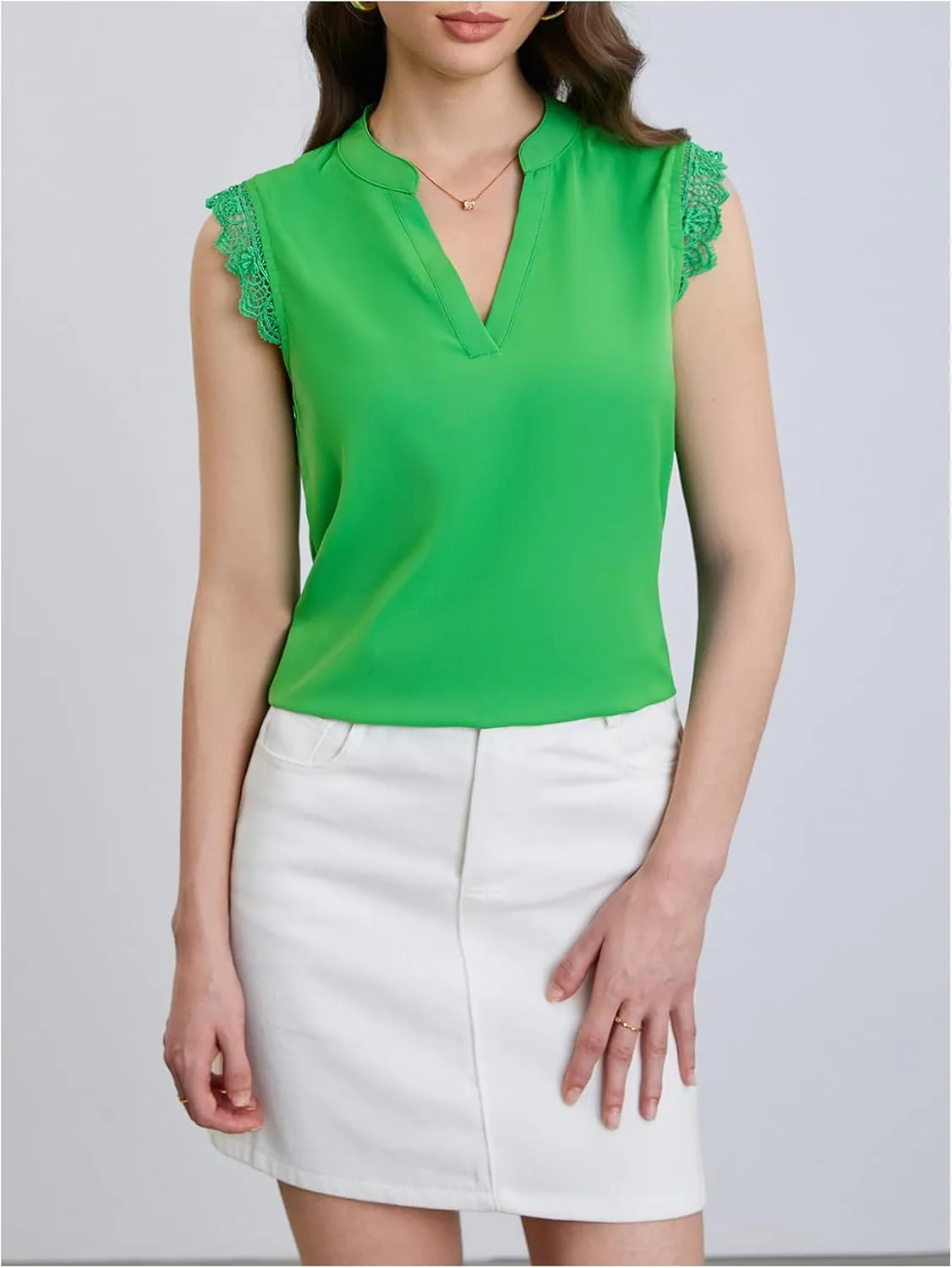 Milumia Women's Elegant Notch V Neck Sleeveless Blouse Guipure Lace Work Office Top