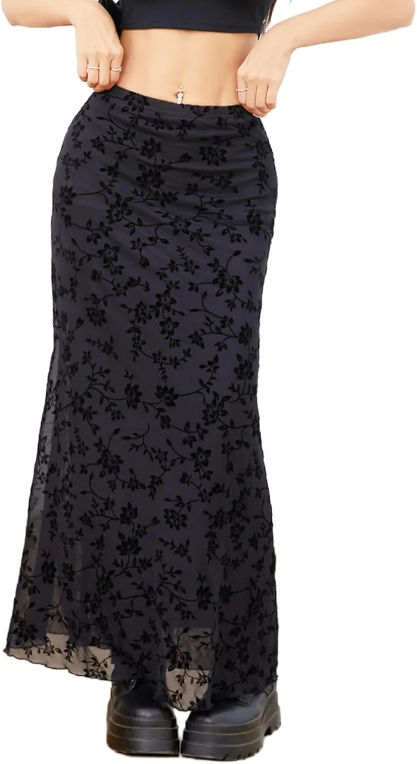 Milumia Women's Floral Print Mesh Long Skirt Low Waisted Y2k Flare Hem Fishtail Skirts