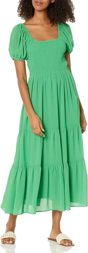 MOON RIVER Women's Puff Sleeve Tiered Shirred Smock Midi Dress