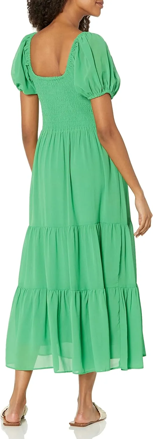 MOON RIVER Women's Puff Sleeve Tiered Shirred Smock Midi Dress