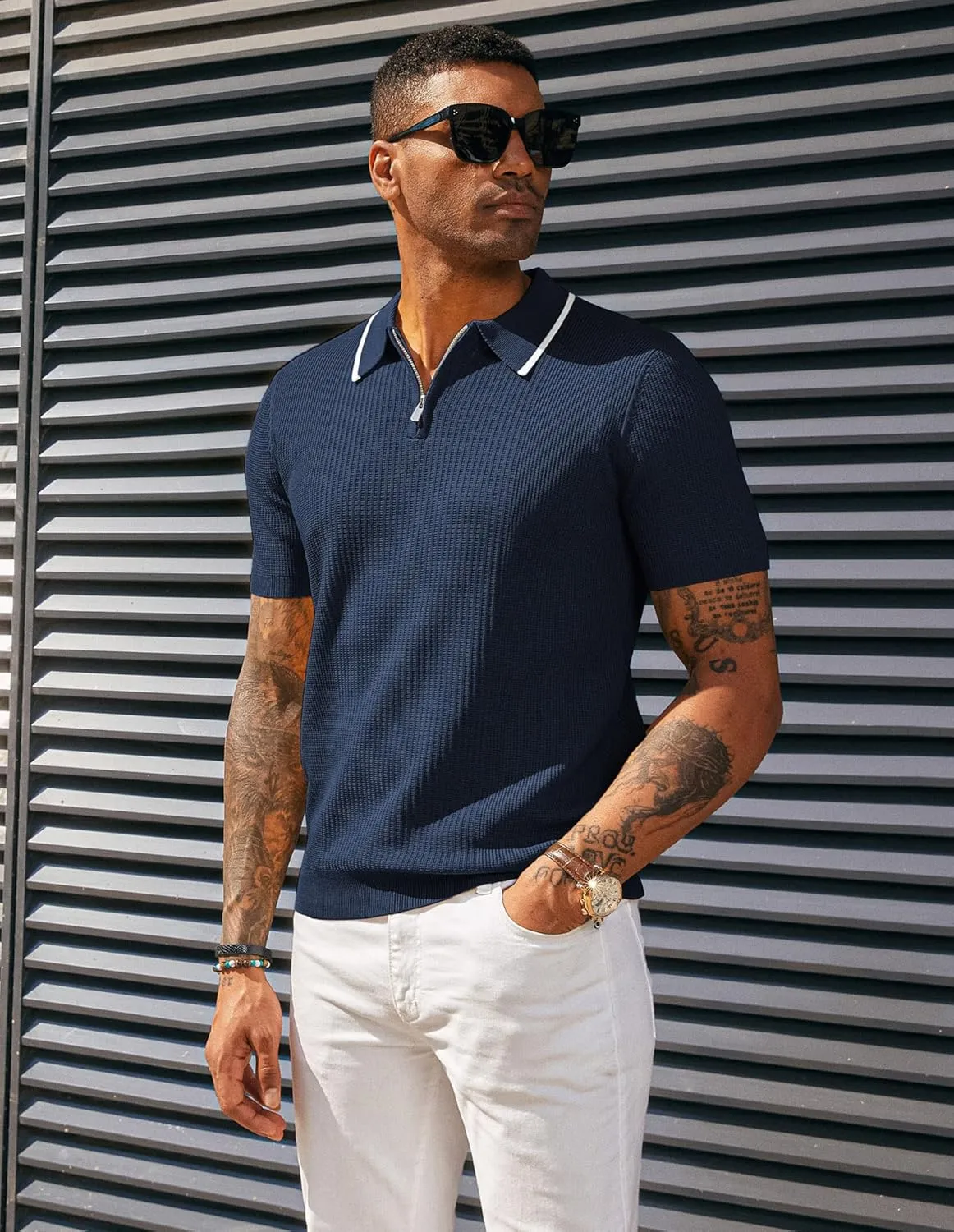 PJ PAUL JONES Men's Quarter Zip Polo Shirts Contrast Collar Knit Polo Shirt Short Sleeve Polos