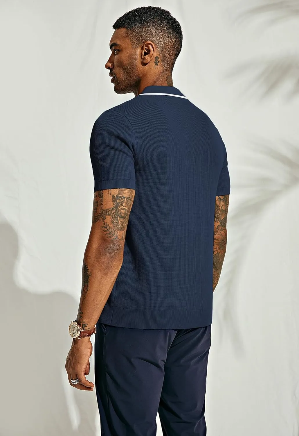 PJ PAUL JONES Men's Quarter Zip Polo Shirts Contrast Collar Knit Polo Shirt Short Sleeve Polos