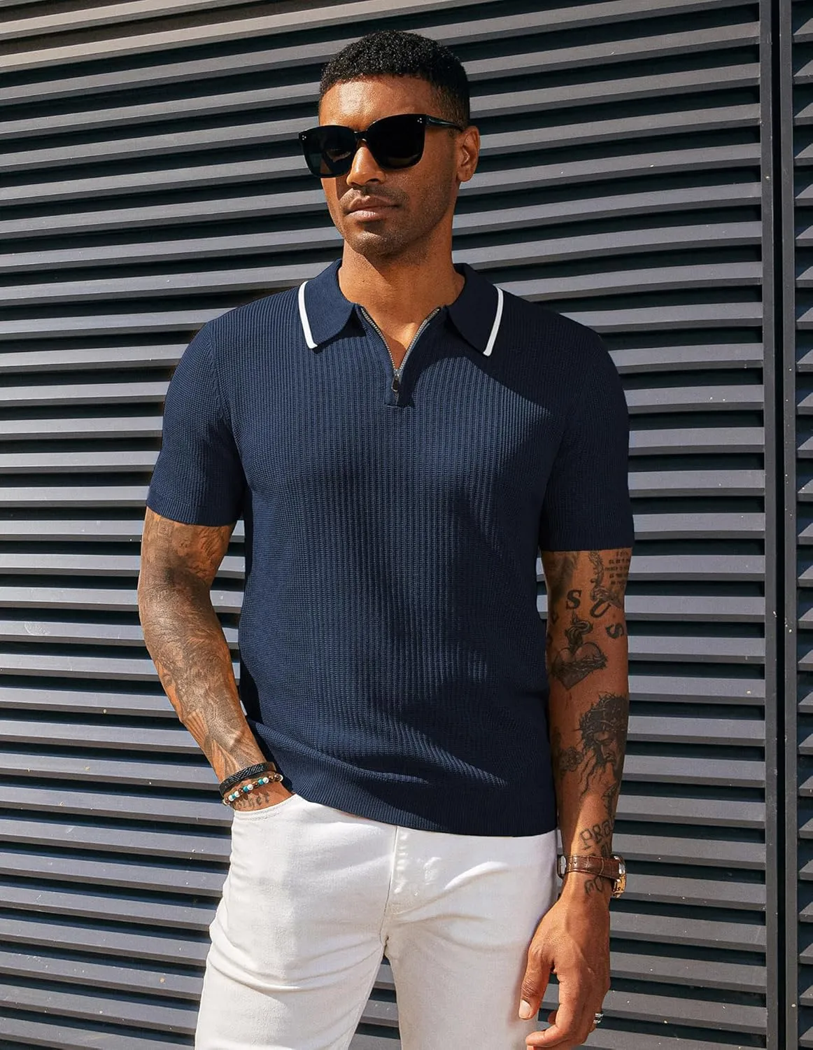 PJ PAUL JONES Men's Quarter Zip Polo Shirts Contrast Collar Knit Polo Shirt Short Sleeve Polos