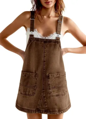 PLNOTME Women's Casual Denim Overalls Dress Adjustable Strap Summer Mini Jean Dress with Pockets
